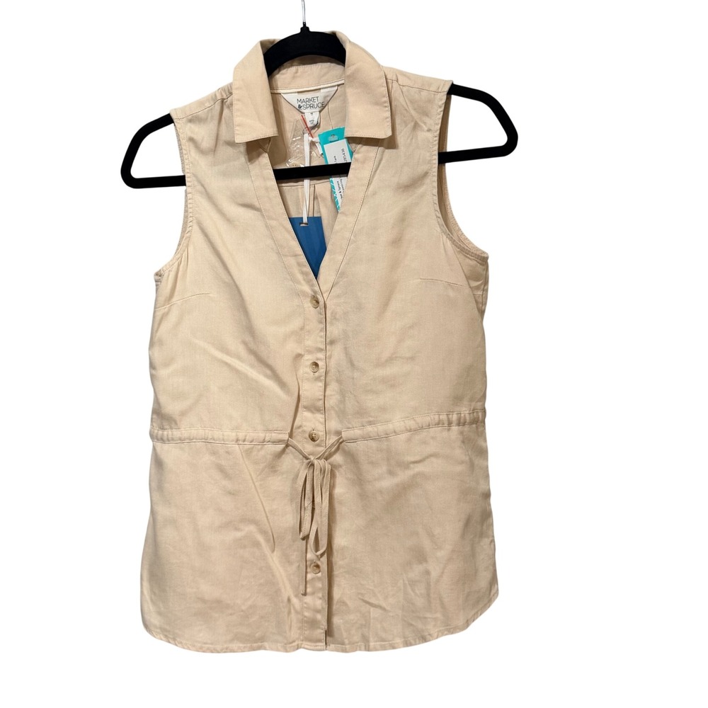 Market & Spruce Womens Tan Linen Blend Drawstring Utility Sleeveless Top XS NEW